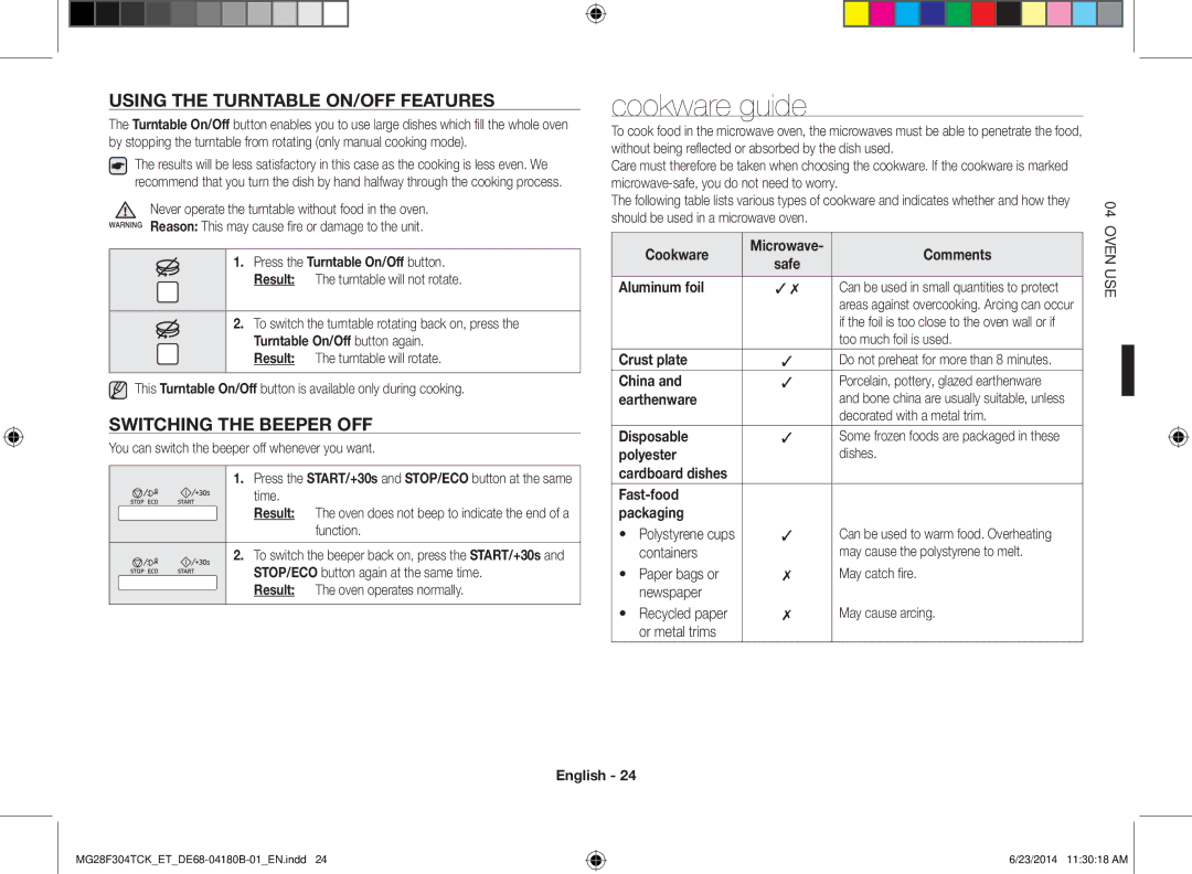 Samsung MG28F304TJS/ET, MG28F304TCK/ET manual Cookware guide, Using the Turntable ON/OFF Features, Switching the Beeper OFF 