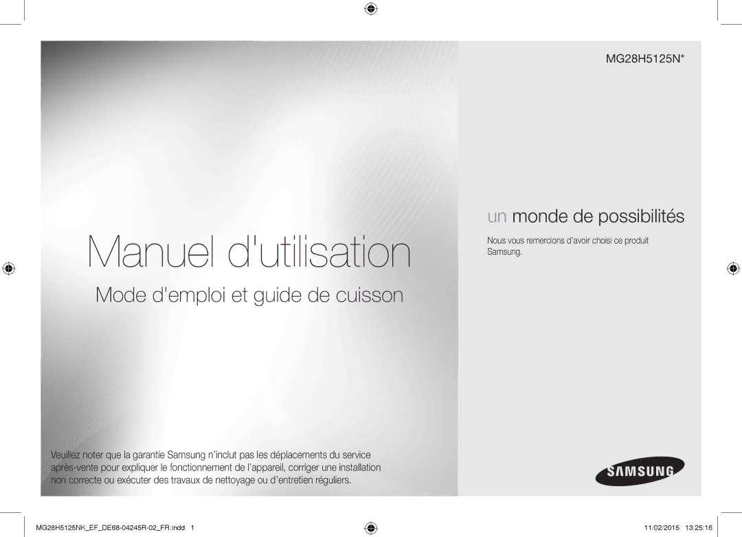 Samsung MG28H5125NW/EF, MG28H5125NK/EF manual Manuel dutilisation, Nous vous remercions d’avoir choisi ce produit Samsung 