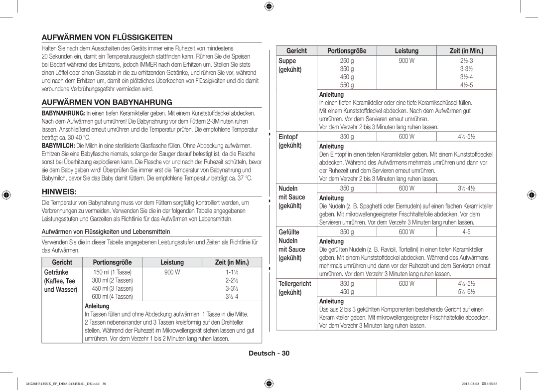 Samsung MG28H5125NK/EF, MG28H5125NW/EF manual Aufwärmen VON Flüssigkeiten, Aufwärmen VON Babynahrung, Hinweis 