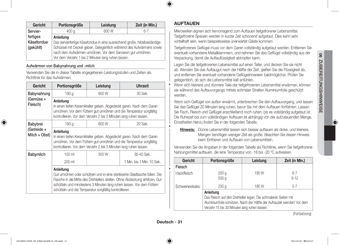 Samsung MG28H5125NW/EF, MG28H5125NK/EF manual Auftauen, Leistung Uhrzeit 