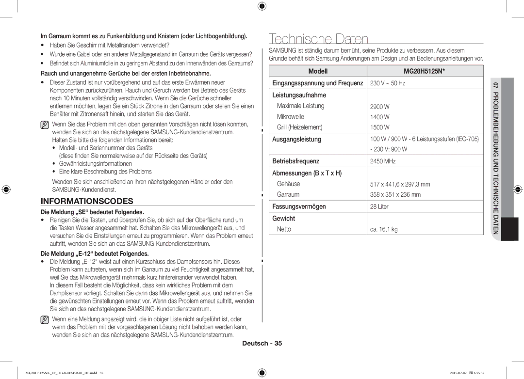 Samsung MG28H5125NW/EF manual Technische Daten, Informationscodes, Die Meldung „SE bedeutet Folgendes, Modell MG28H5125N 