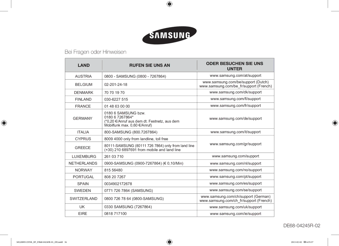 Samsung MG28H5125NK/EF, MG28H5125NW/EF manual Bei Fragen oder Hinweisen, Samsung 80111 726 7864 only from land line 