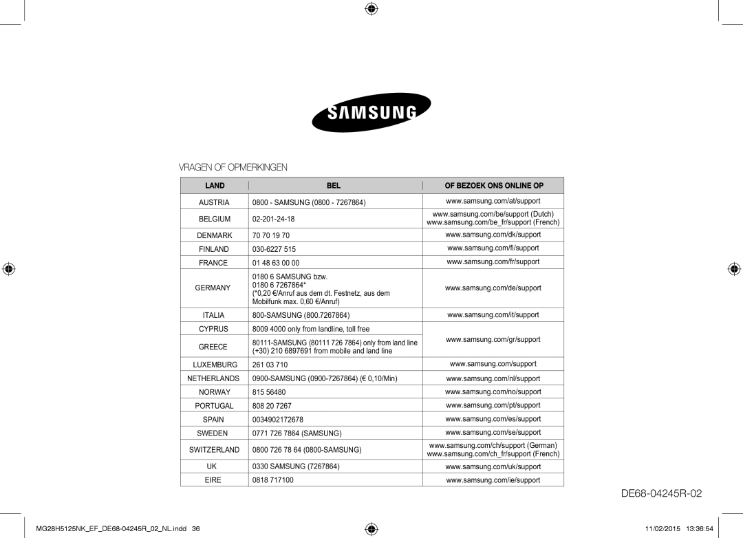 Samsung MG28H5125NK/EF, MG28H5125NW/EF manual Belgium 