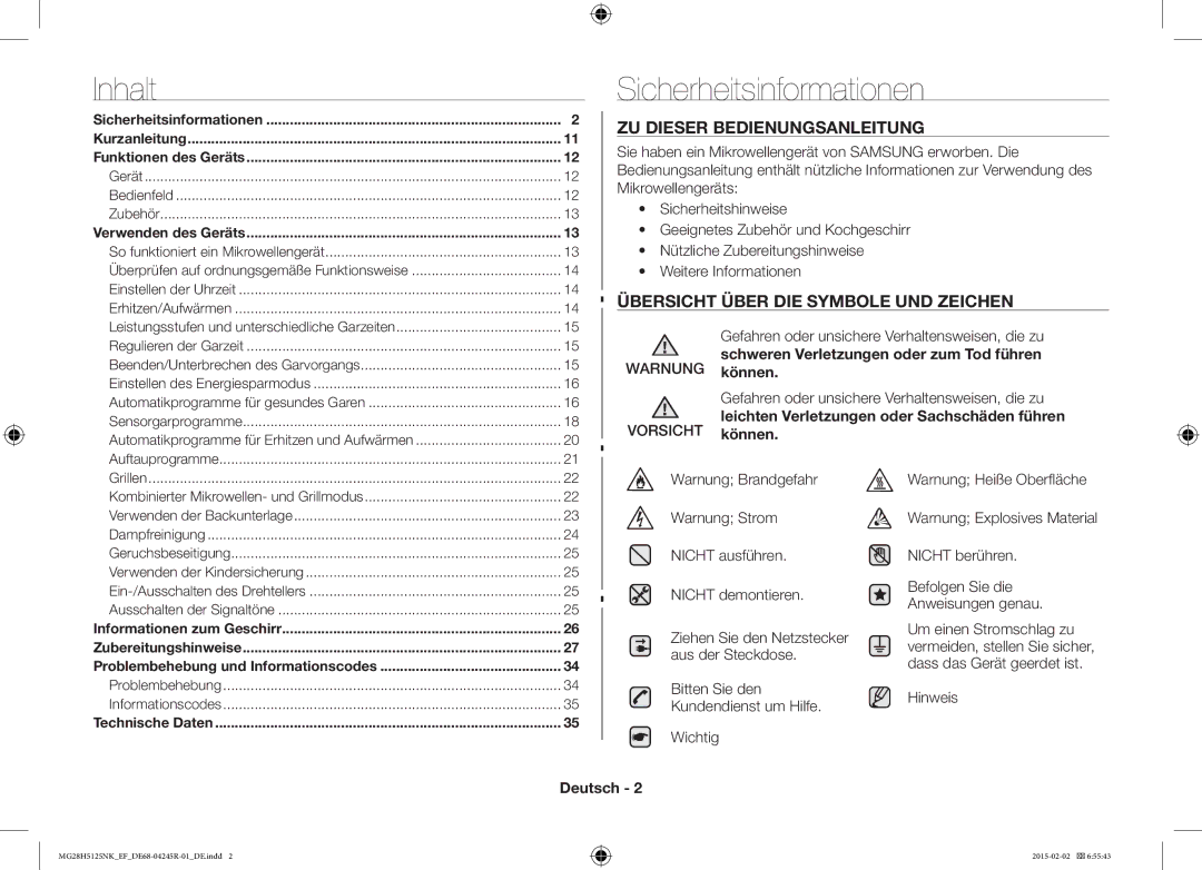 Samsung MG28H5125NK/EF Sicherheitsinformationen, ZU Dieser Bedienungsanleitung, Übersicht Über DIE Symbole UND Zeichen 