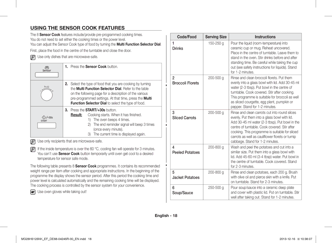 Samsung MG28H5125NK/EF, MG28H5125NW/EF manual Using the Sensor Cook Features, Code/Food 