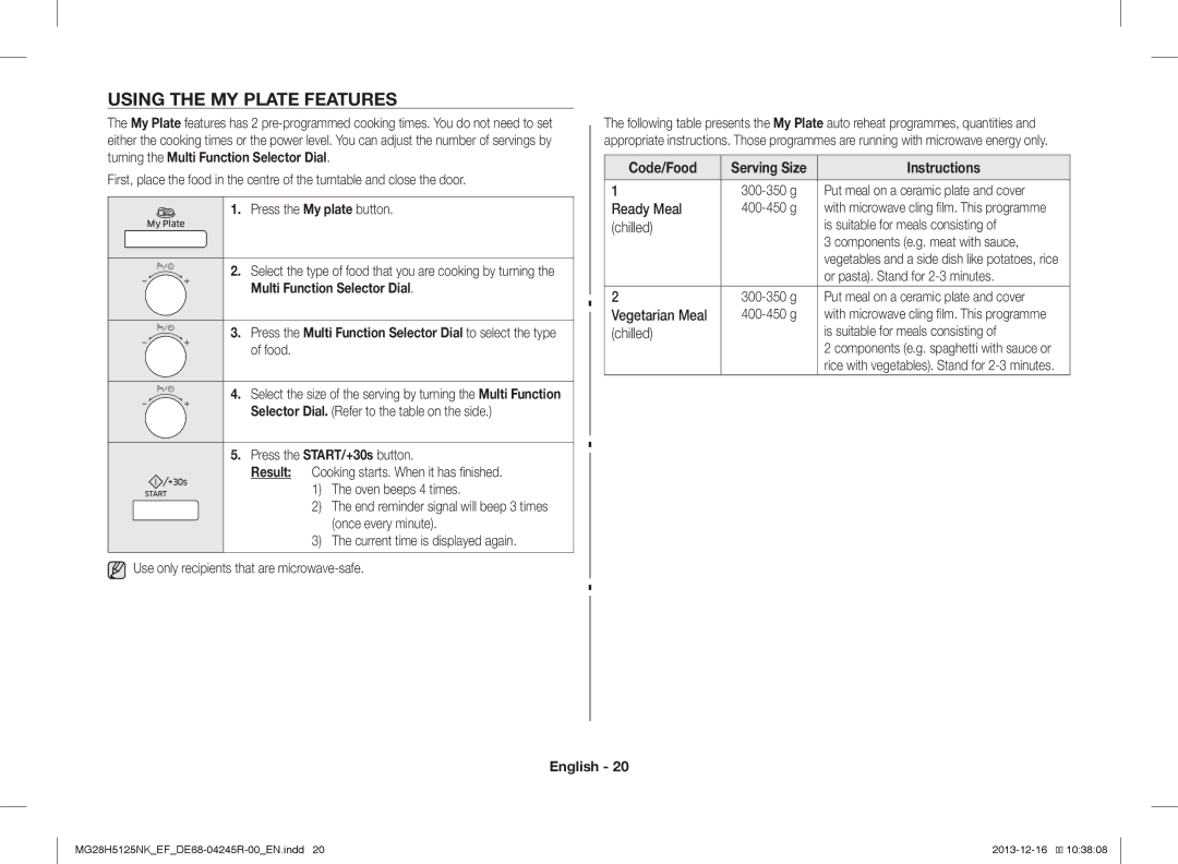 Samsung MG28H5125NK/EF, MG28H5125NW/EF manual Using the MY Plate Features 