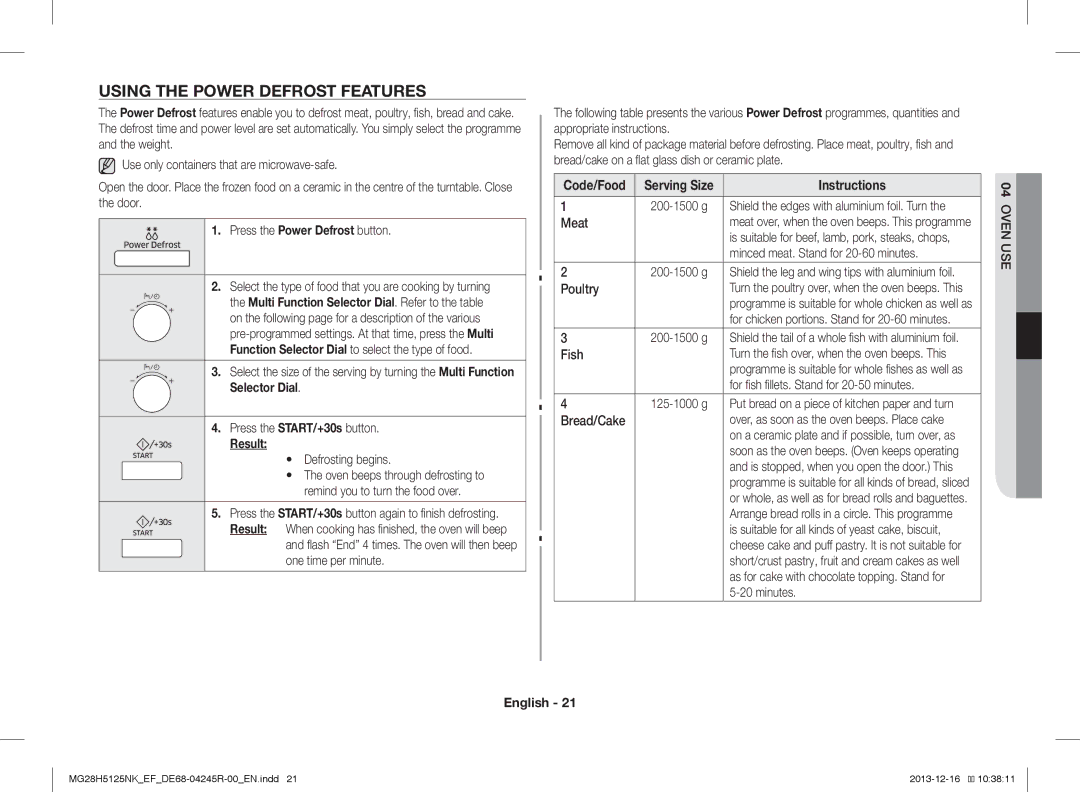 Samsung MG28H5125NW/EF manual Using the Power Defrost Features, Press the Power Defrost button, Code/Food Serving Size 