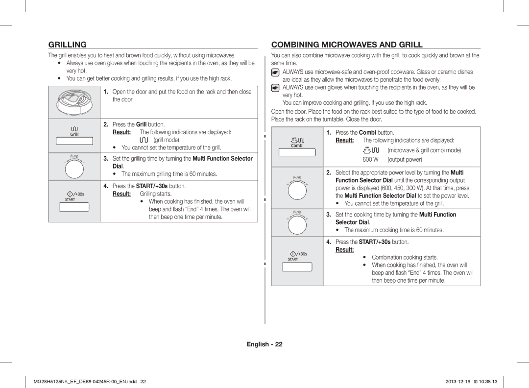 Samsung MG28H5125NK/EF, MG28H5125NW/EF manual Grilling, Combining Microwaves and Grill, Combination cooking starts 