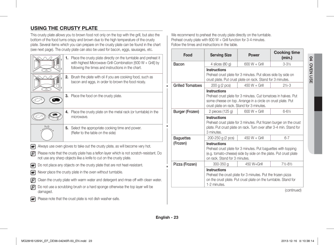 Samsung MG28H5125NW/EF, MG28H5125NK/EF manual Using the Crusty Plate, Food Serving Size Power Cooking time 