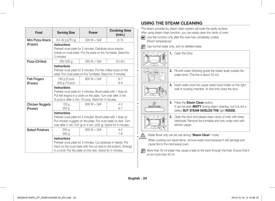 Samsung MG28H5125NK/EF, MG28H5125NW/EF manual Using the Steam Cleaning 