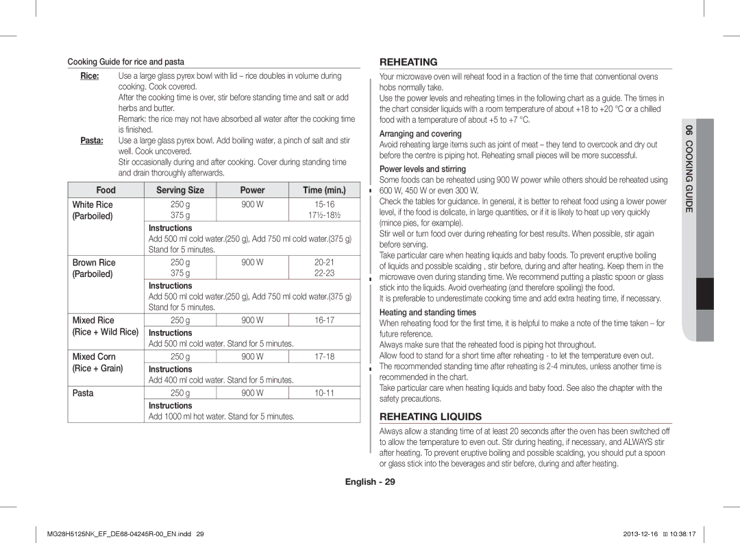 Samsung MG28H5125NW/EF, MG28H5125NK/EF manual Reheating Liquids 