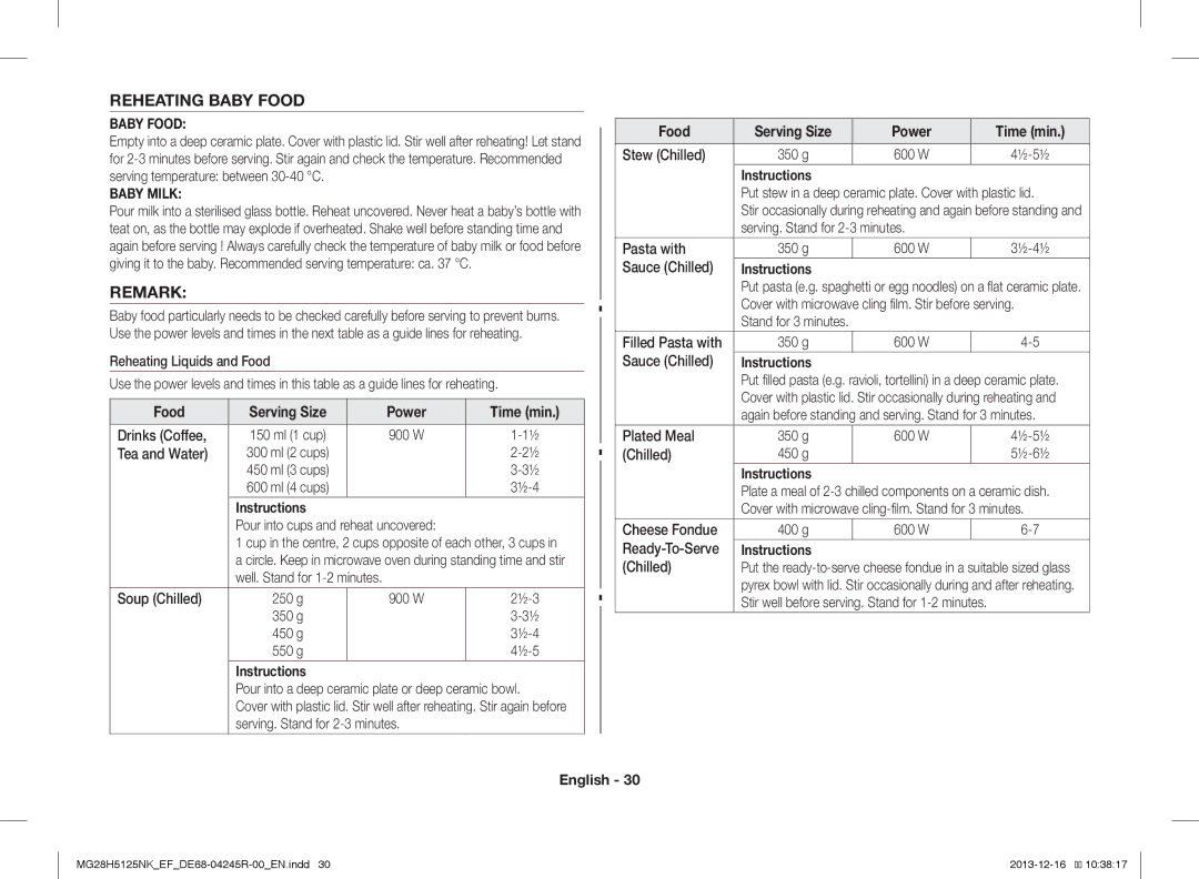 Samsung MG28H5125NK/EF, MG28H5125NW/EF manual Reheating Baby Food, Remark 