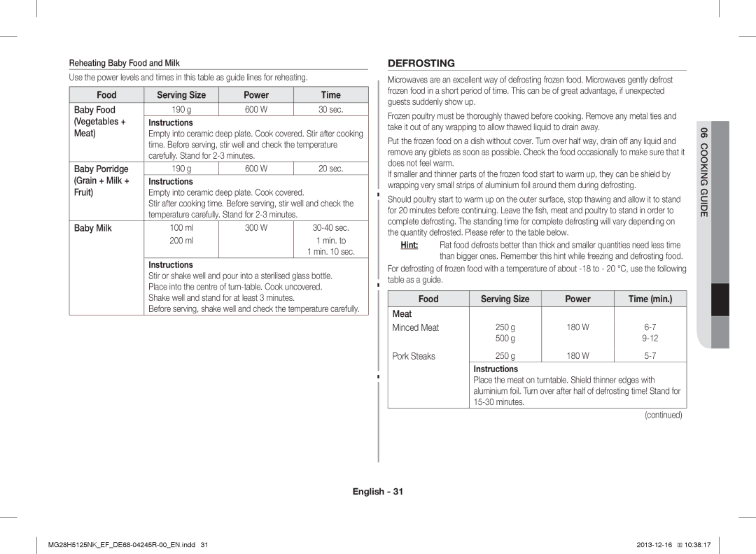 Samsung MG28H5125NW/EF, MG28H5125NK/EF manual Defrosting, Food Serving Size Power Time 