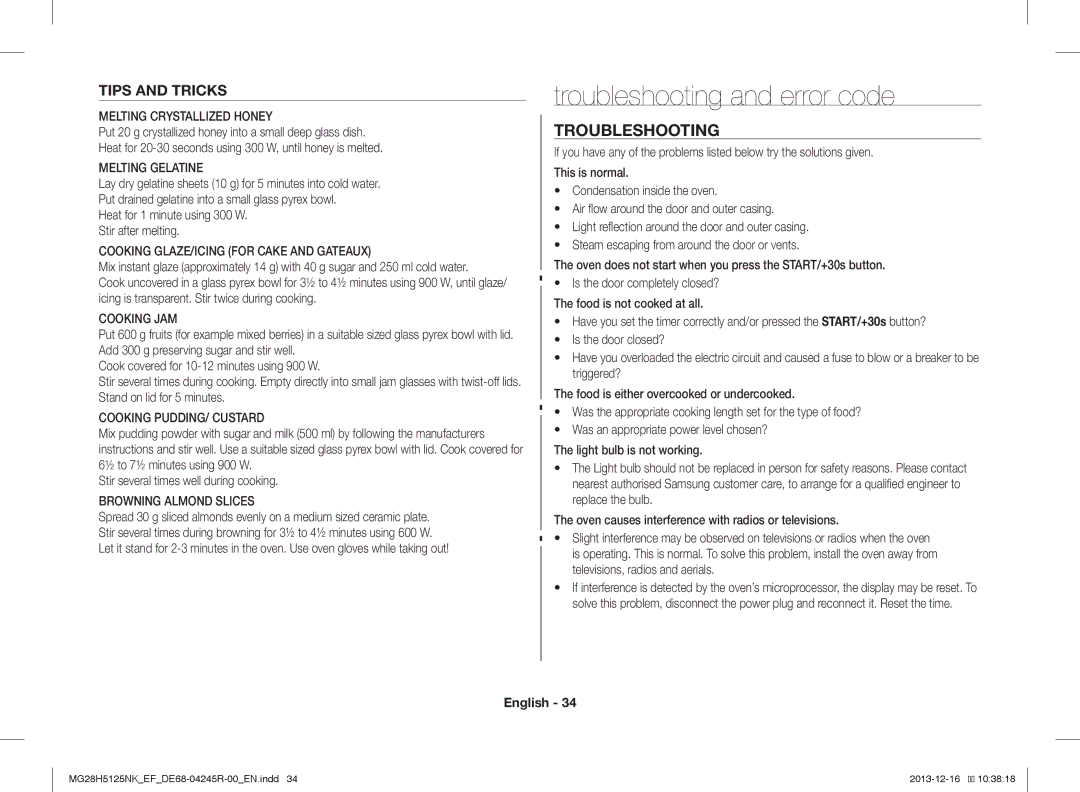 Samsung MG28H5125NK/EF, MG28H5125NW/EF manual Troubleshooting and error code, Tips and Tricks 