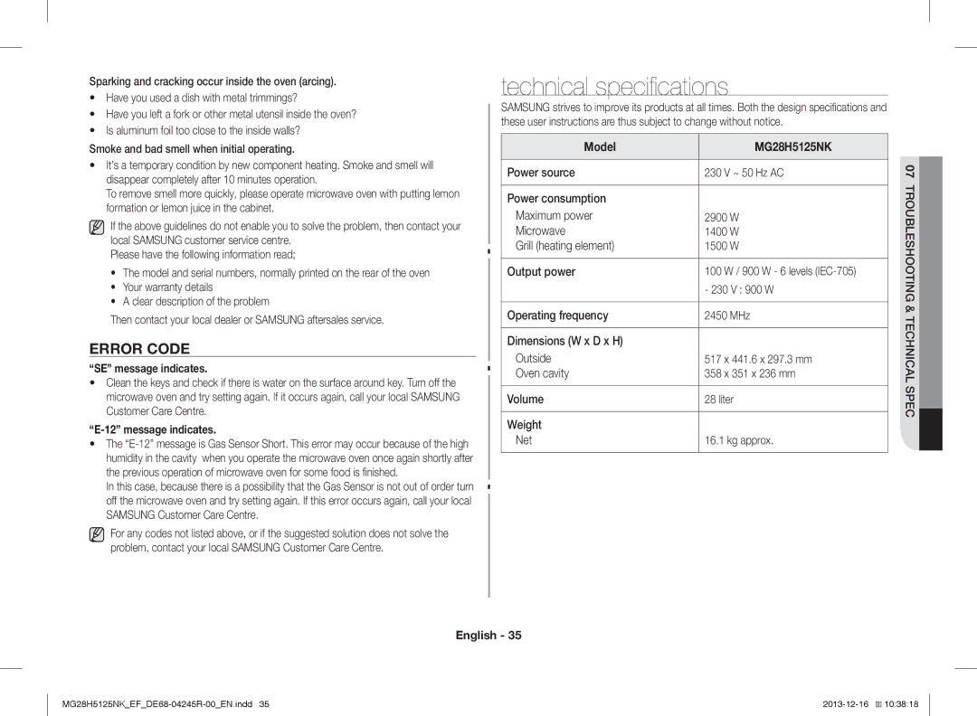 Samsung MG28H5125NW/EF Technical specifications, Error Code, SE message indicates, Message indicates, Model MG28H5125NK 