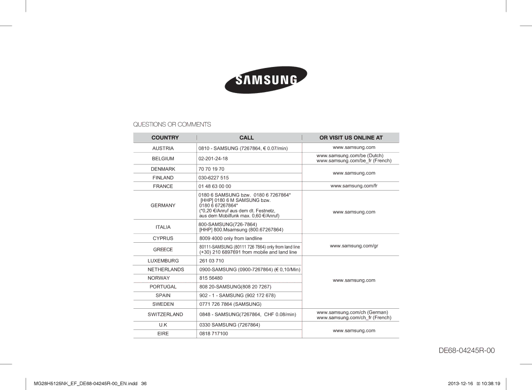 Samsung MG28H5125NK/EF, MG28H5125NW/EF manual DE68-04245R-00 