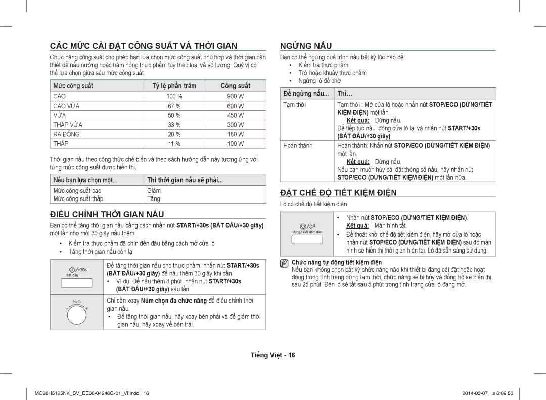 Samsung MG28H5125NK/SV manual CÁC MỨC CÀI ĐẶT Công Suất VÀ Thời Gian, Điều Chỉnh Thời Gian NẤU, Ngừng NẤU 