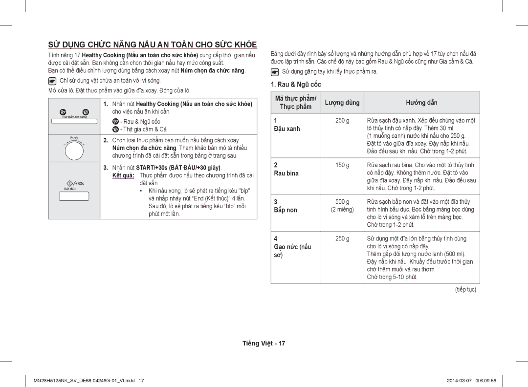 Samsung MG28H5125NK/SV manual SỬ Dụng Chức Năng NẤU AN Toàn CHO SỨC Khỏe 