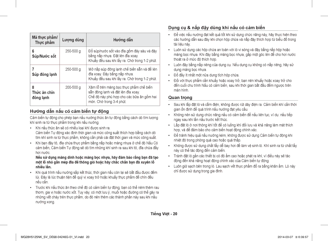 Samsung MG28H5125NK/SV manual Súp/Nước sốt, Súp đông lạnh, Thức ăn chín, Đông lạnh 