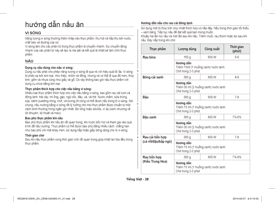 Samsung MG28H5125NK/SV manual Hướng dẫn nấu ăn, VI Sóng, Nấu 