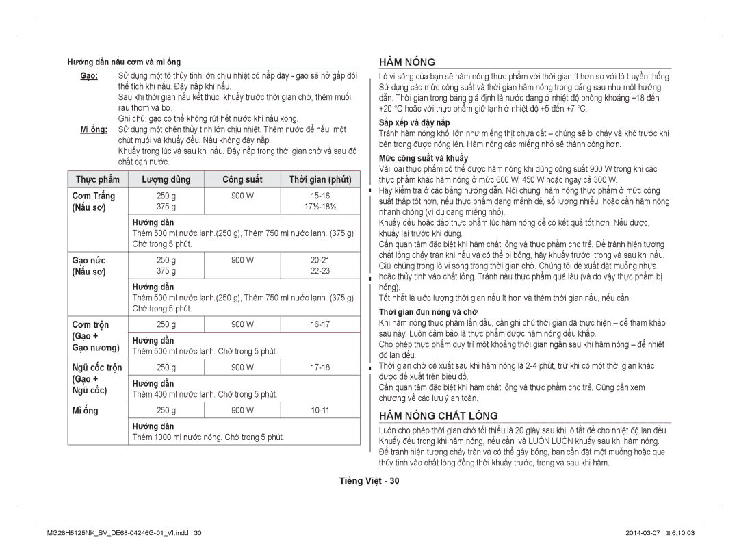 Samsung MG28H5125NK/SV manual HÂM Nóng Chất Lỏng 