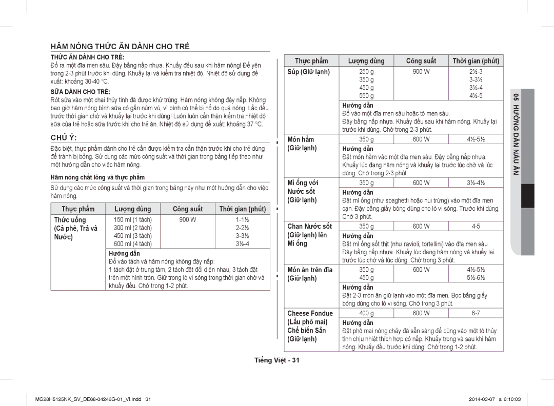 Samsung MG28H5125NK/SV manual HÂM Nóng Thức ĂN Dành CHO TRẺ, Chú Ý 