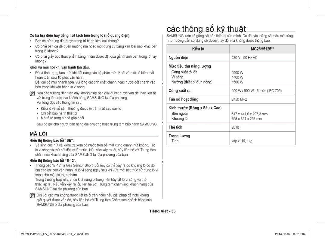 Samsung MG28H5125NK/SV manual Các thông số kỹ thuật, Mã Lỗi 