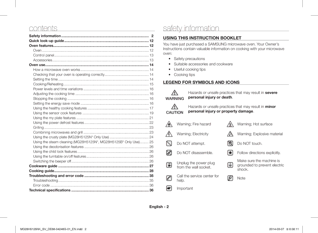 Samsung MG28H5125NK/SV manual Safety information, Contents 