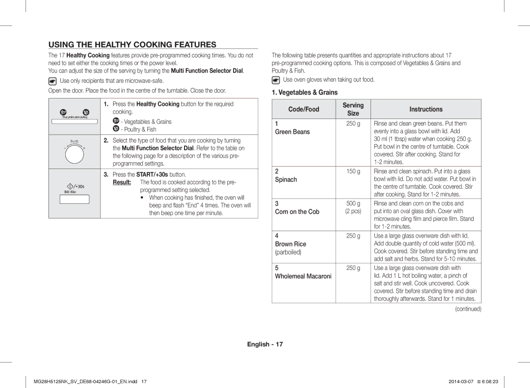 Samsung MG28H5125NK/SV manual Using the Healthy Cooking Features, Code/Food Serving Instructions 