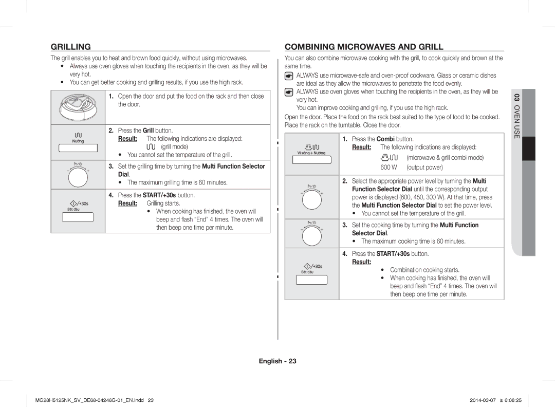 Samsung MG28H5125NK/SV manual Grilling, Combining Microwaves and Grill, Combination cooking starts 
