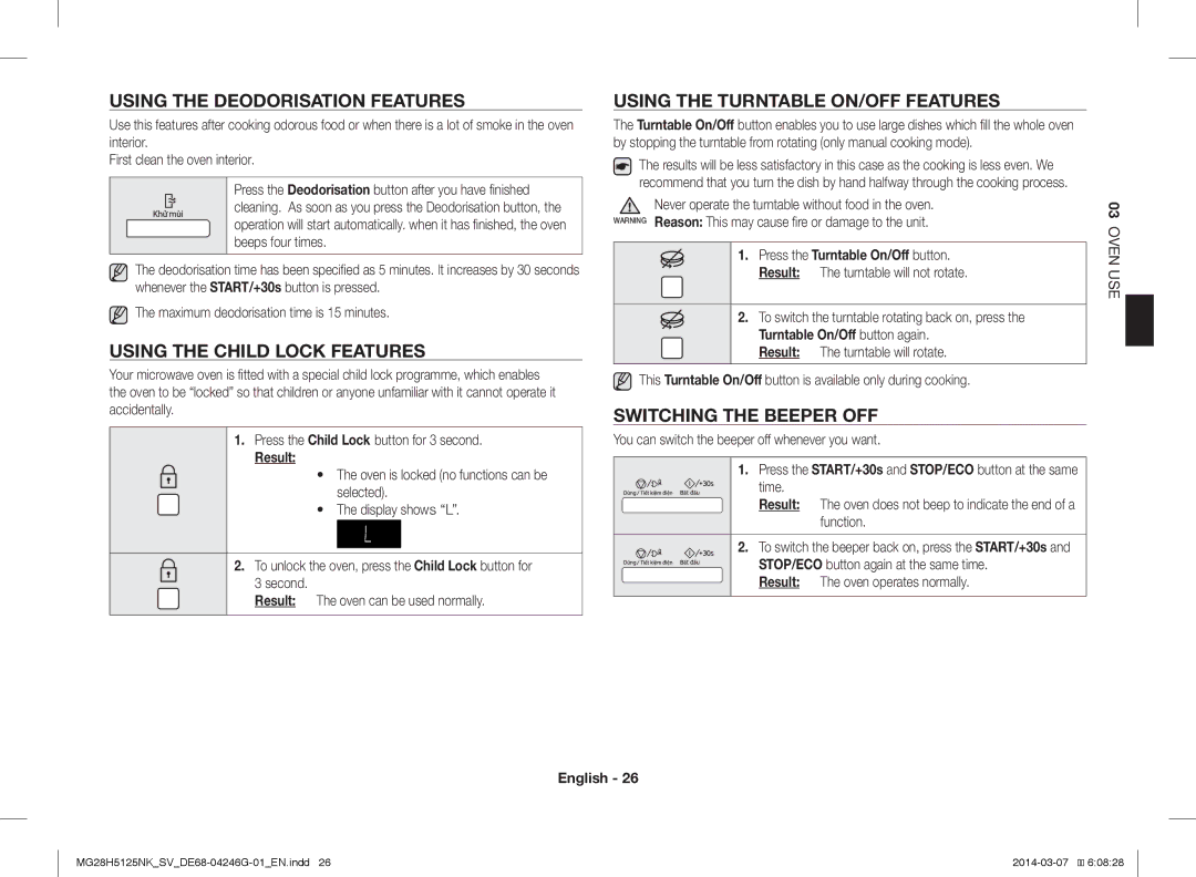 Samsung MG28H5125NK/SV manual Using the Deodorisation Features, Using the Child Lock Features, Switching the Beeper OFF 