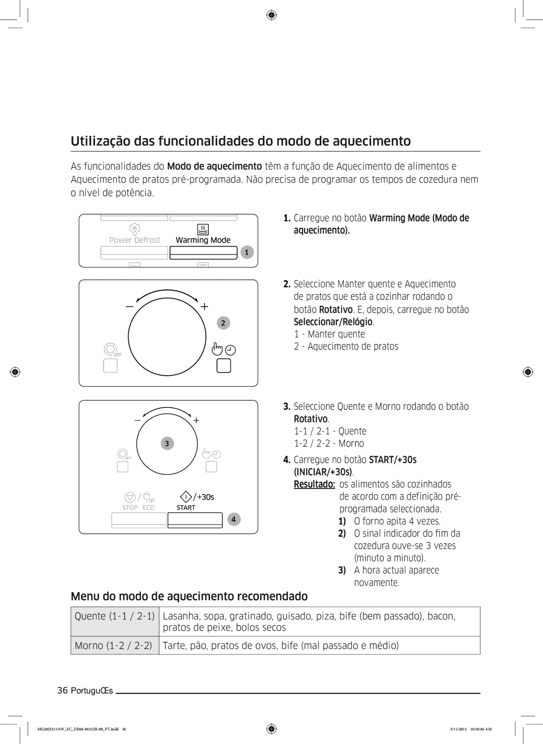 Samsung MG28J5215AB/EC Utilização das funcionalidades do modo de aquecimento, Menu do modo de aquecimento recomendado 