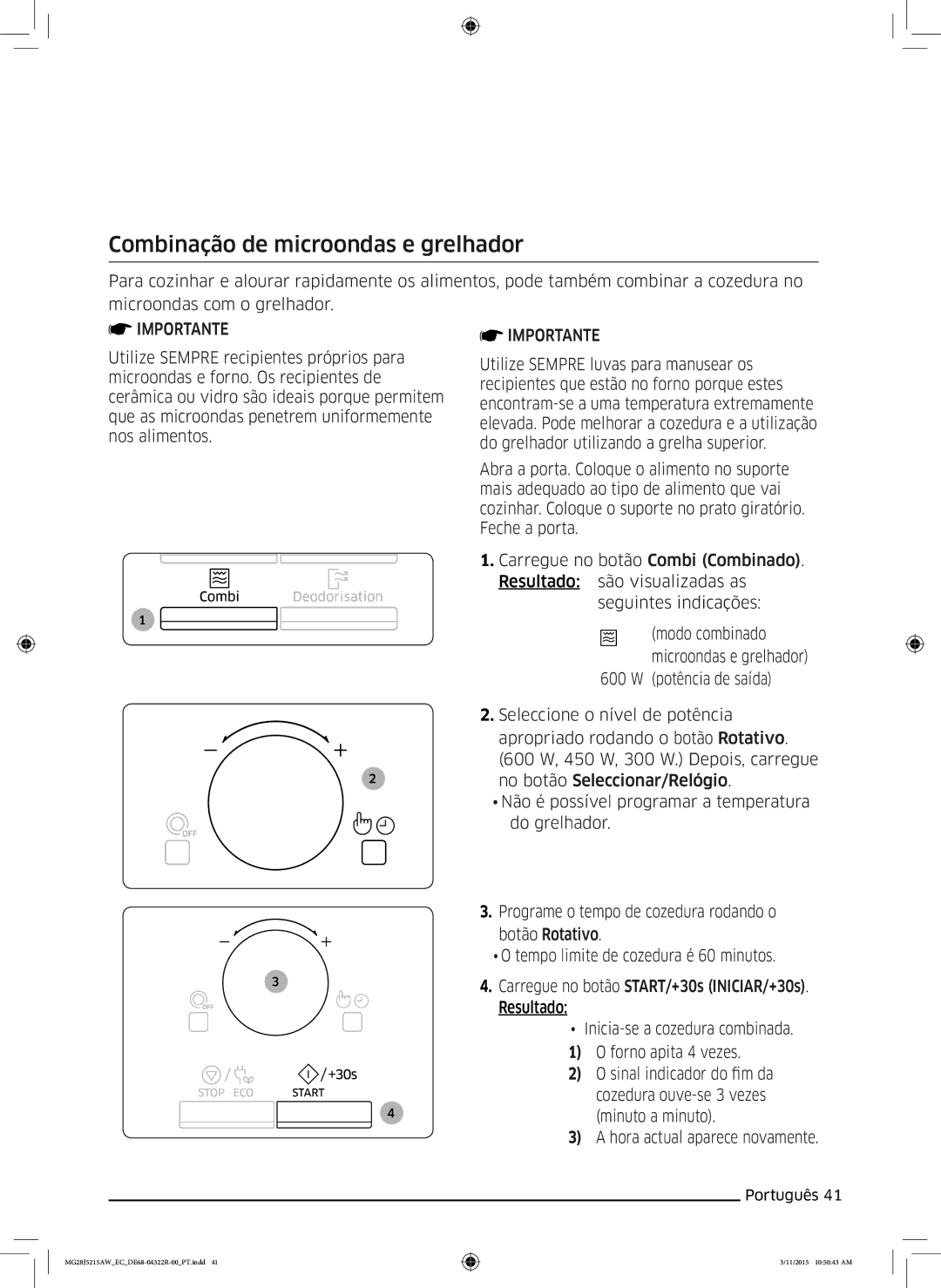 Samsung MG28J5215AB/EC manual Combinação de microondas e grelhador 