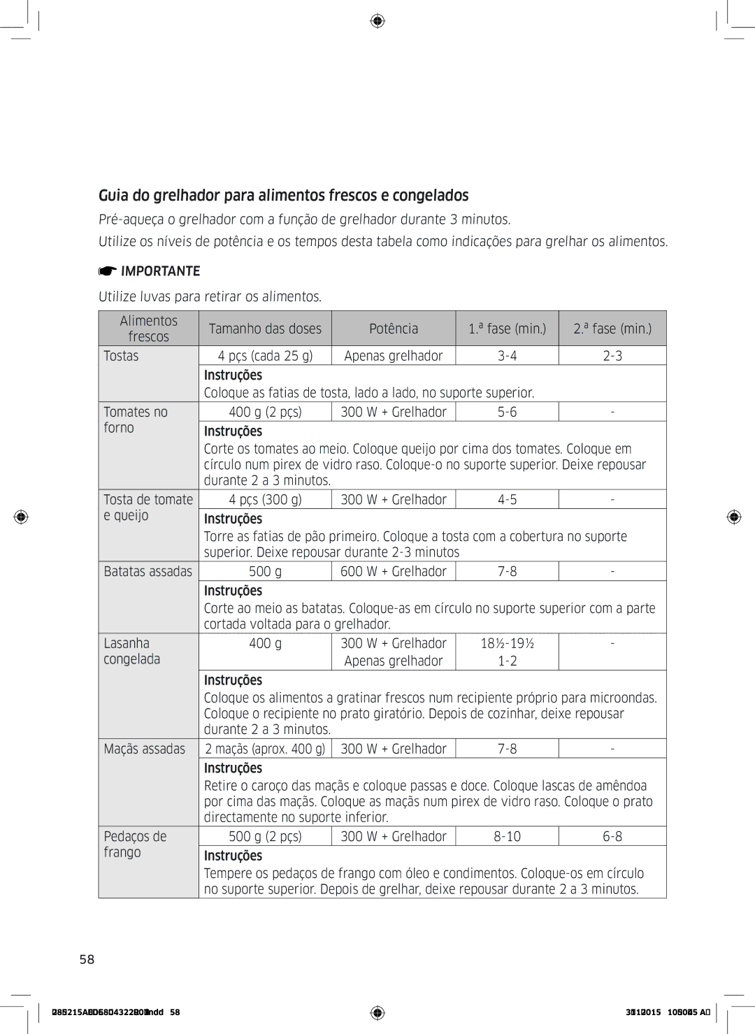 Samsung MG28J5215AB/EC manual Guia do grelhador para alimentos frescos e congelados 