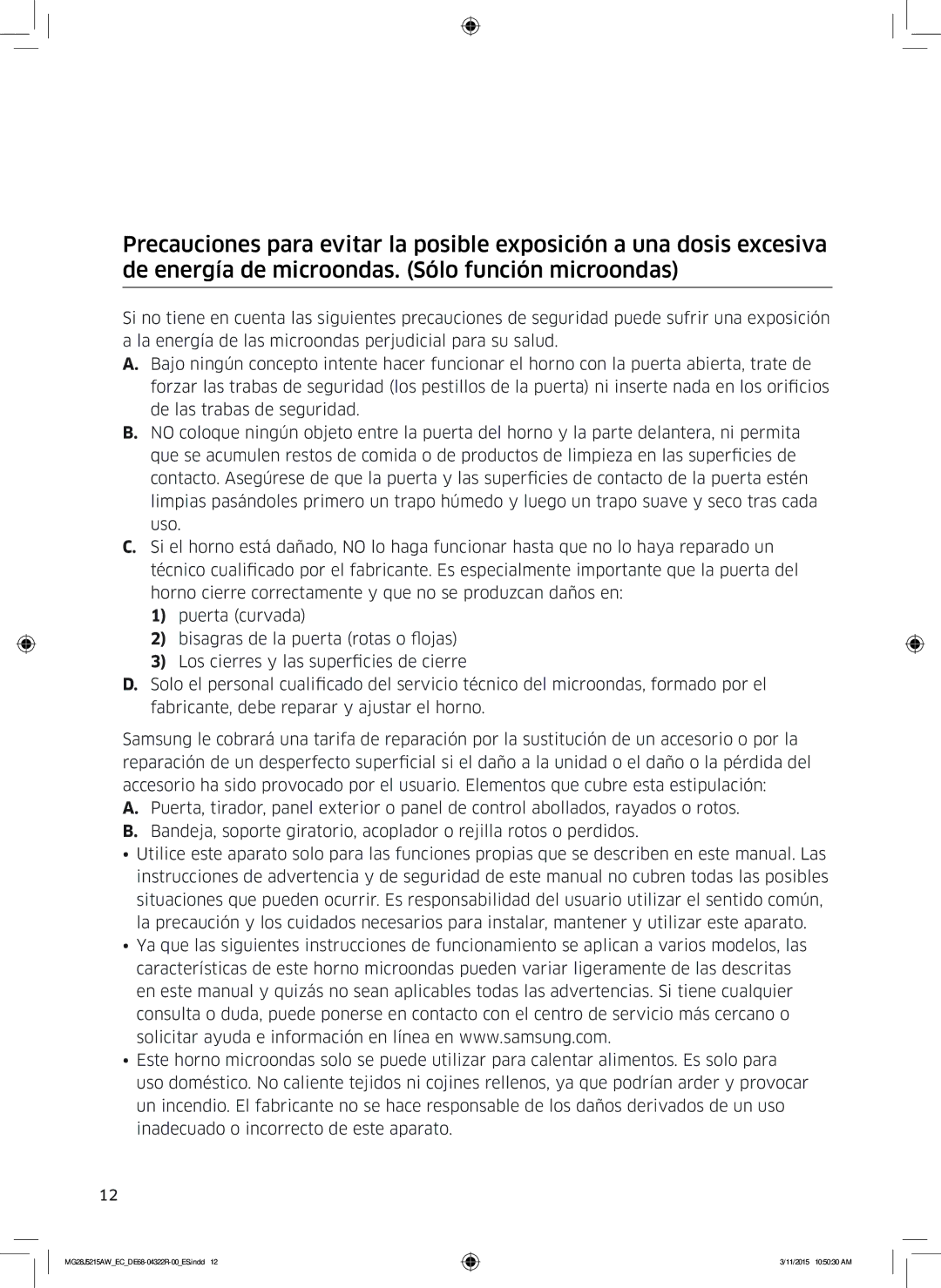 Samsung MG28J5215AB/EC manual Instrucciones de seguridad 