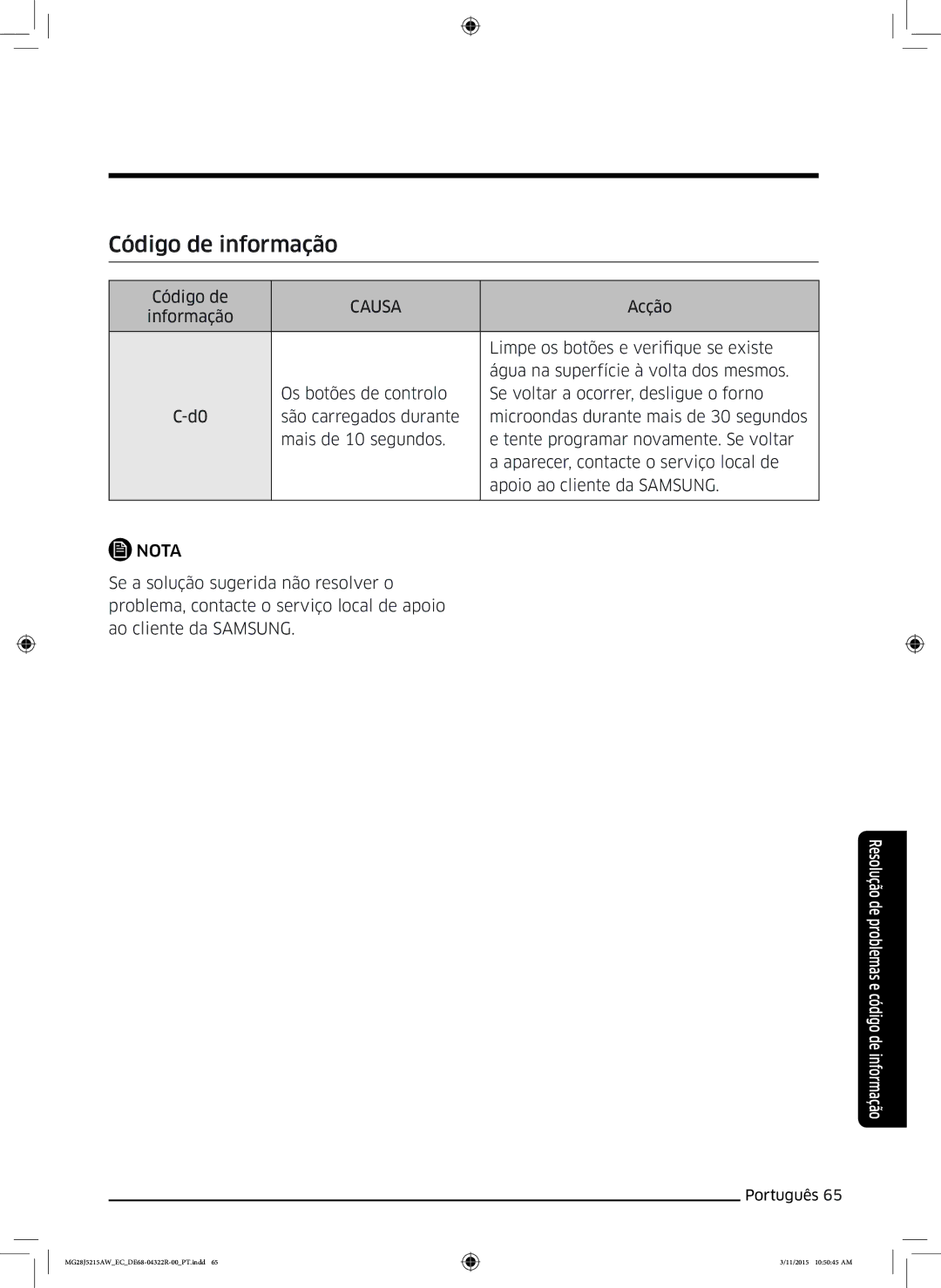 Samsung MG28J5215AB/EC manual Código de informação 