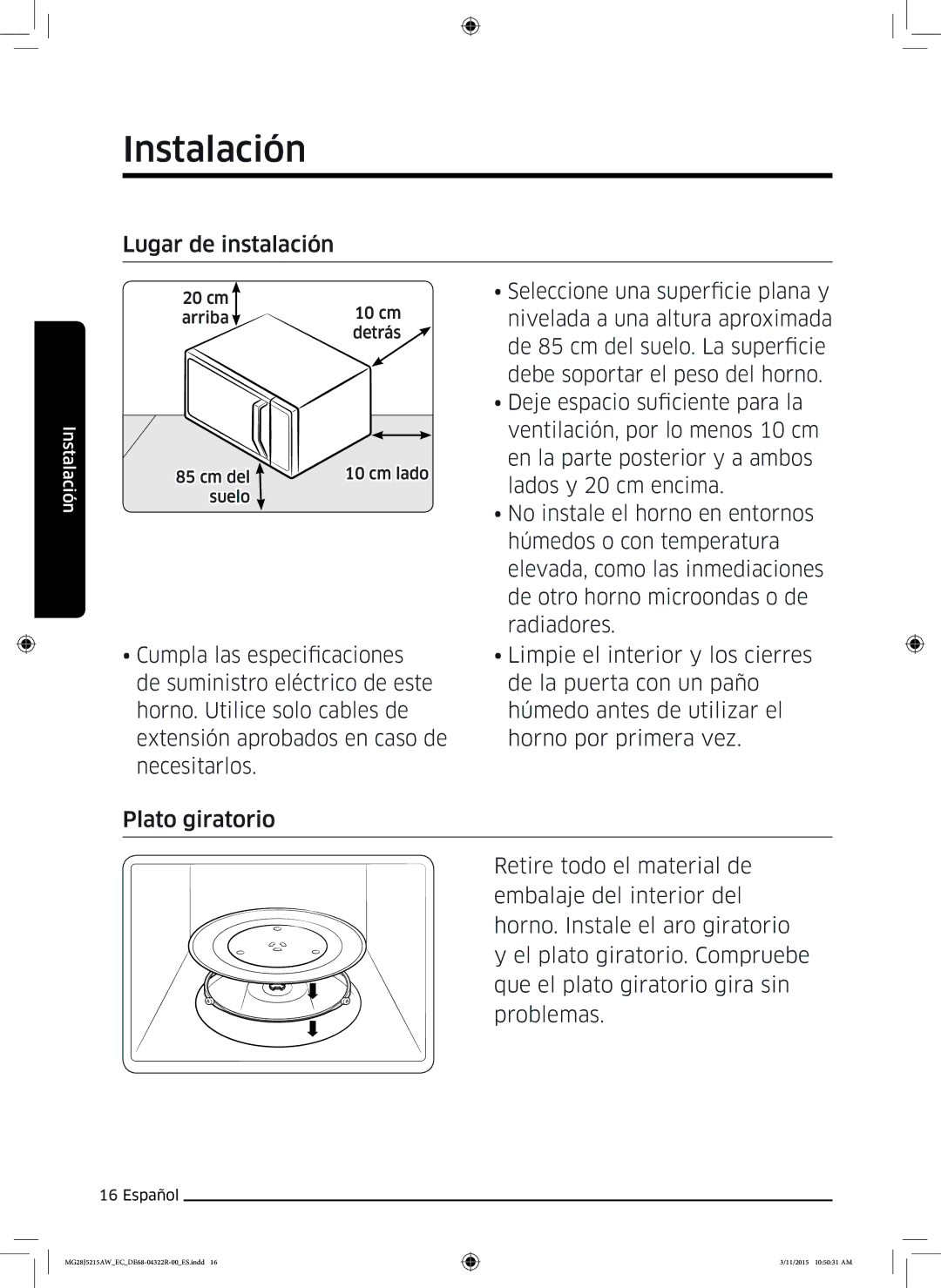 Samsung MG28J5215AB/EC manual Lugar de instalación 