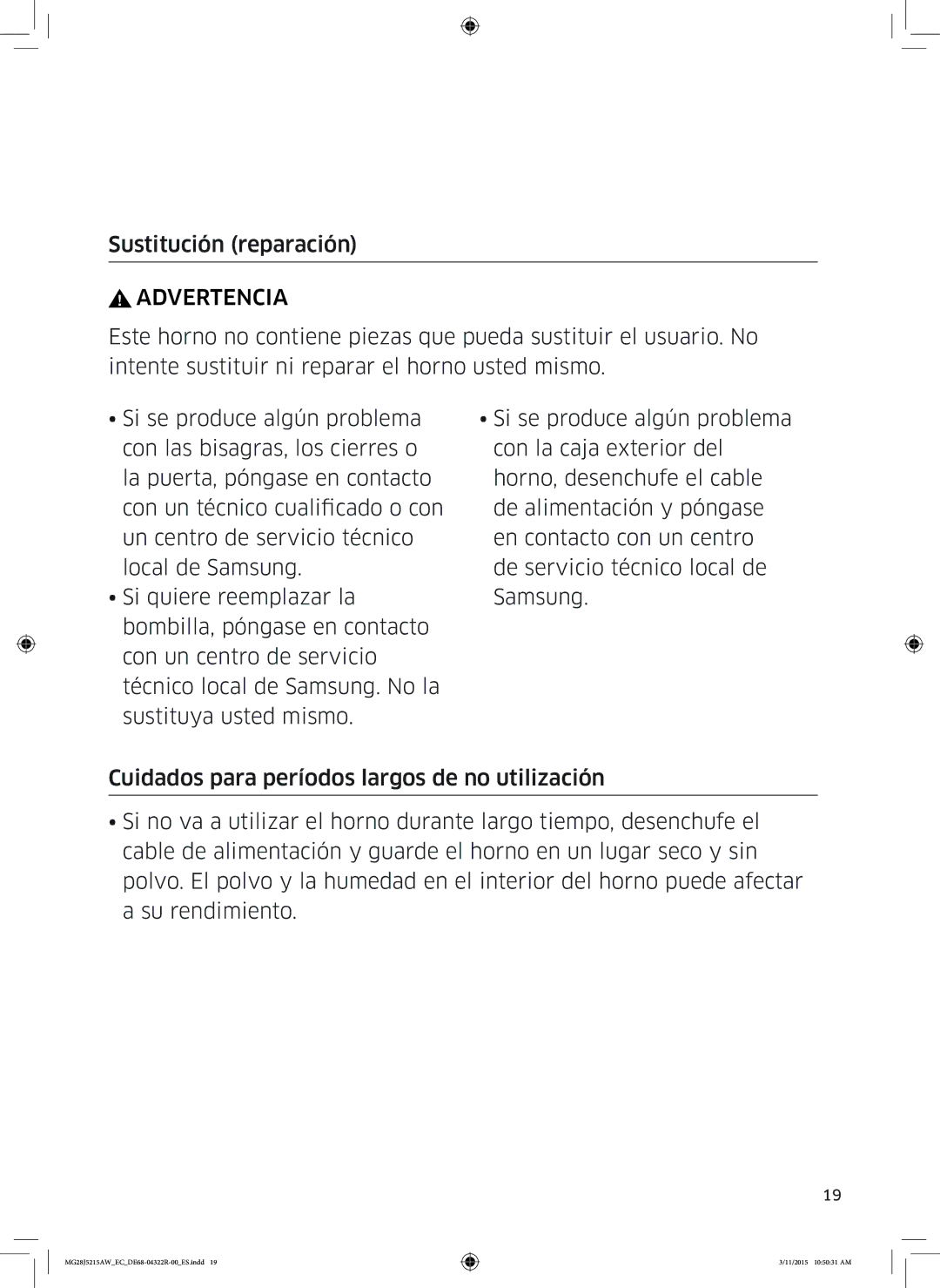 Samsung MG28J5215AB/EC manual Sustitución reparación, Advertencia 