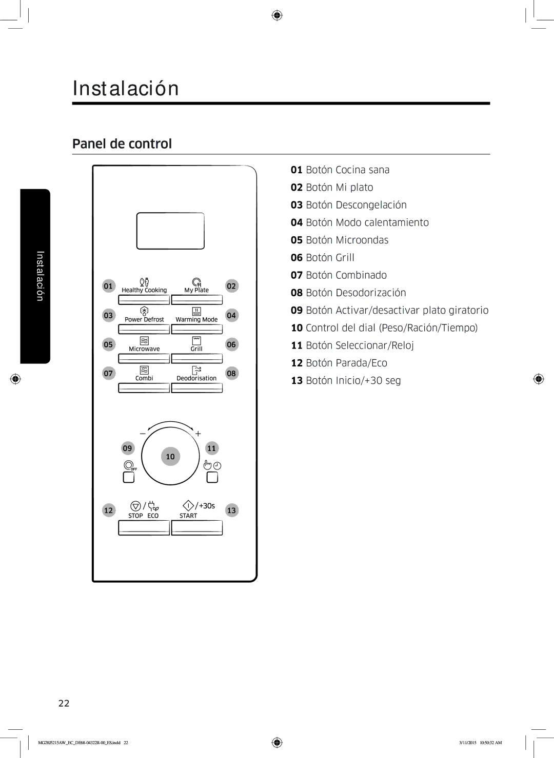 Samsung MG28J5215AB/EC manual Panel de control 