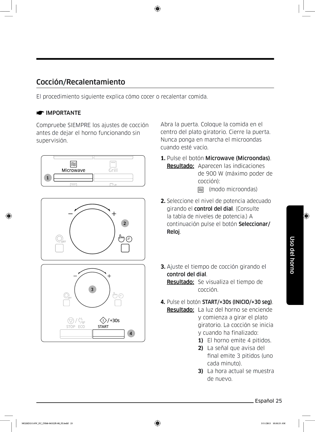 Samsung MG28J5215AB/EC manual Cocción/Recalentamiento 