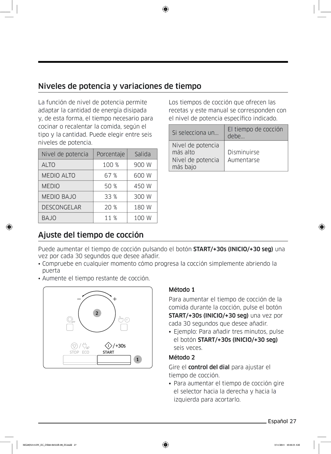 Samsung MG28J5215AB/EC manual Niveles de potencia y variaciones de tiempo, Ajuste del tiempo de cocción 