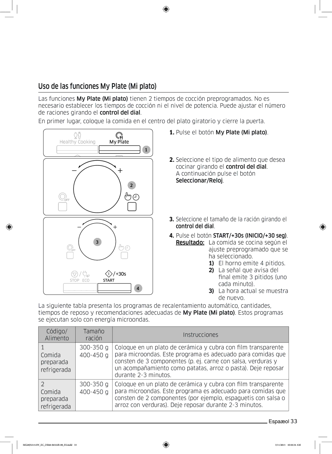 Samsung MG28J5215AB/EC manual Uso de las funciones My Plate Mi plato 