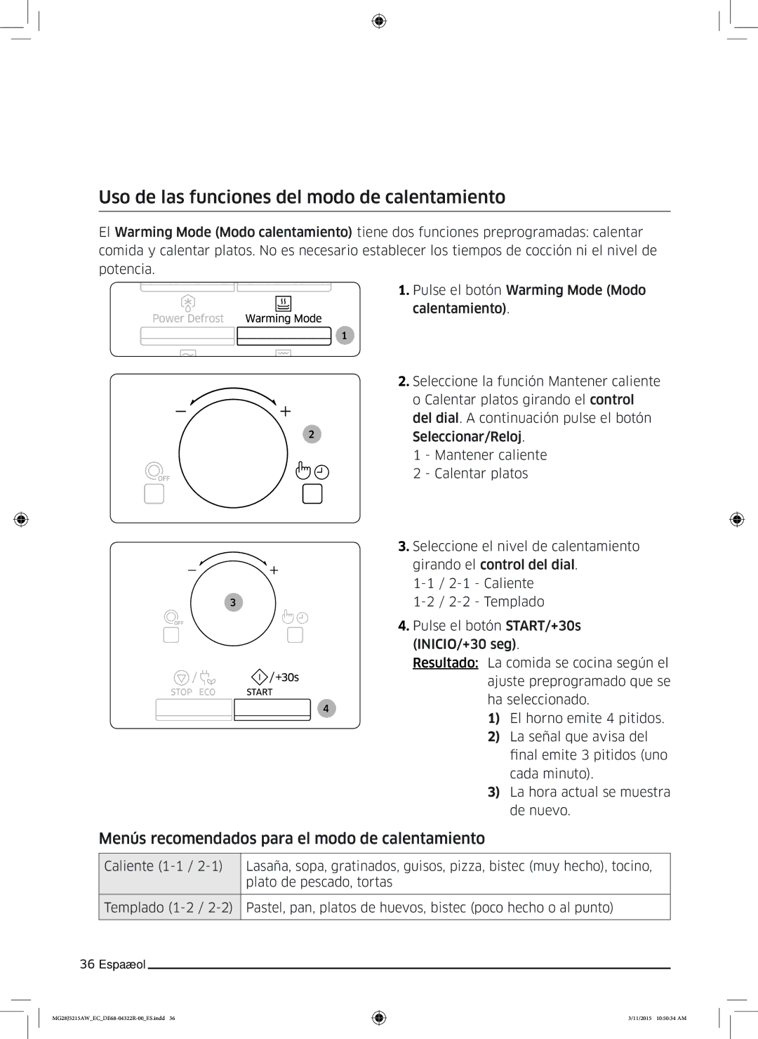 Samsung MG28J5215AB/EC Uso de las funciones del modo de calentamiento, Menús recomendados para el modo de calentamiento 