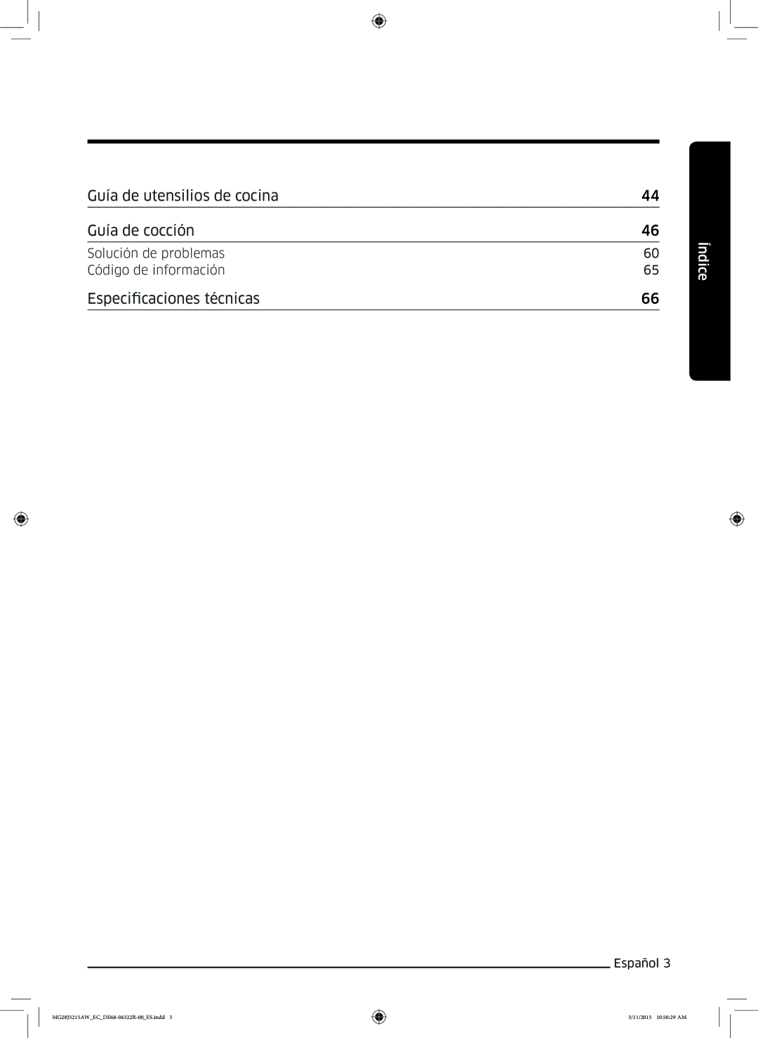 Samsung MG28J5215AB/EC manual Guía de utensilios de cocina Guía de cocción, Especificaciones técnicas 