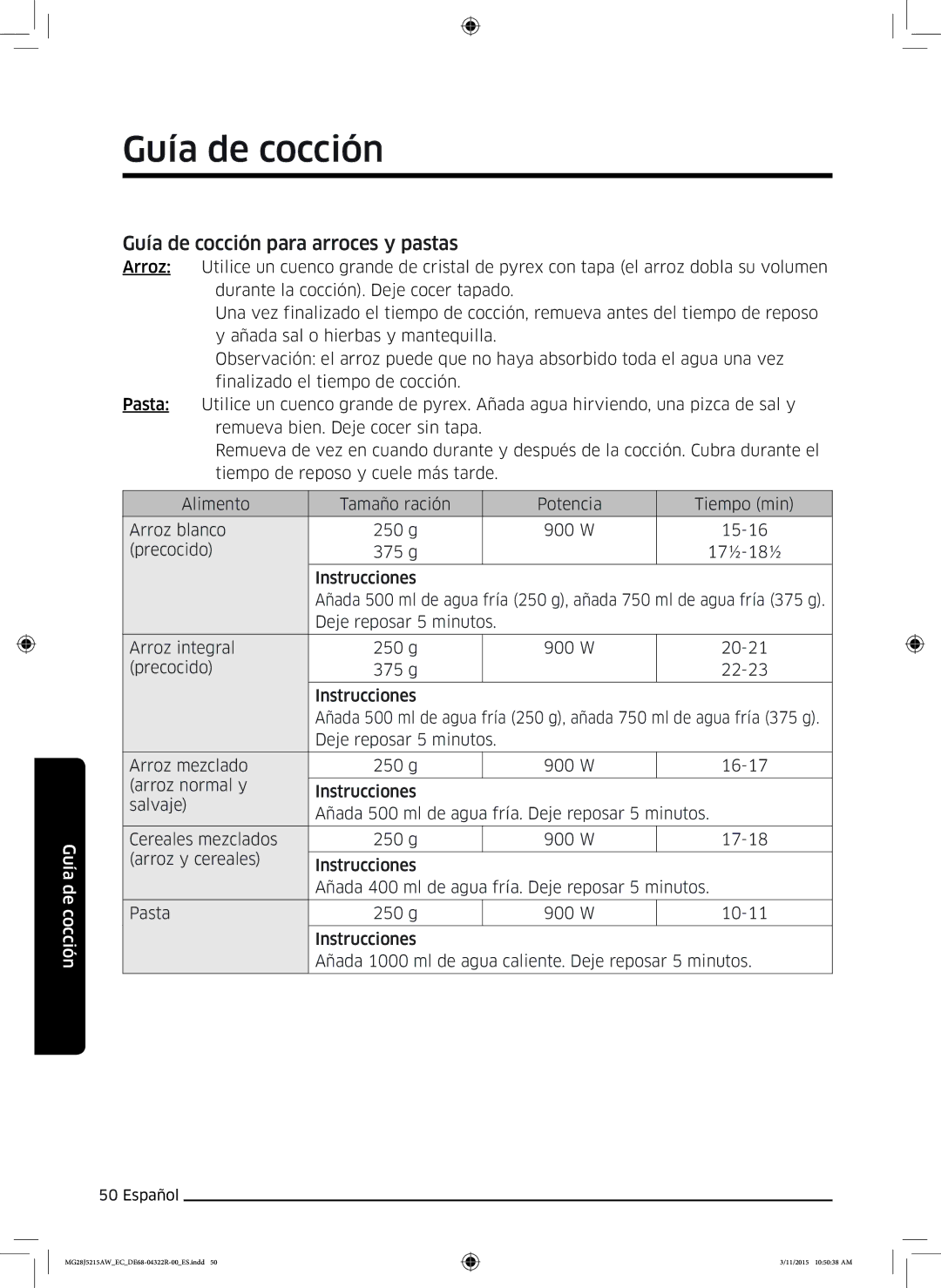 Samsung MG28J5215AB/EC manual Guía de cocción para arroces y pastas 