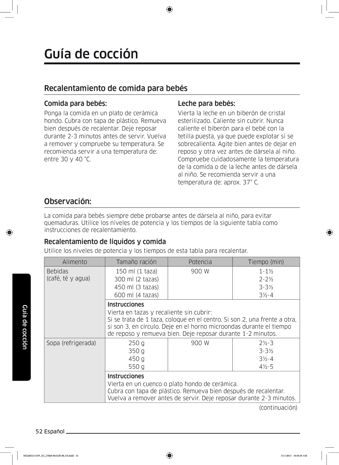 Samsung MG28J5215AB/EC manual Recalentamiento de comida para bebés, Observación, Comida para bebés Leche para bebés 