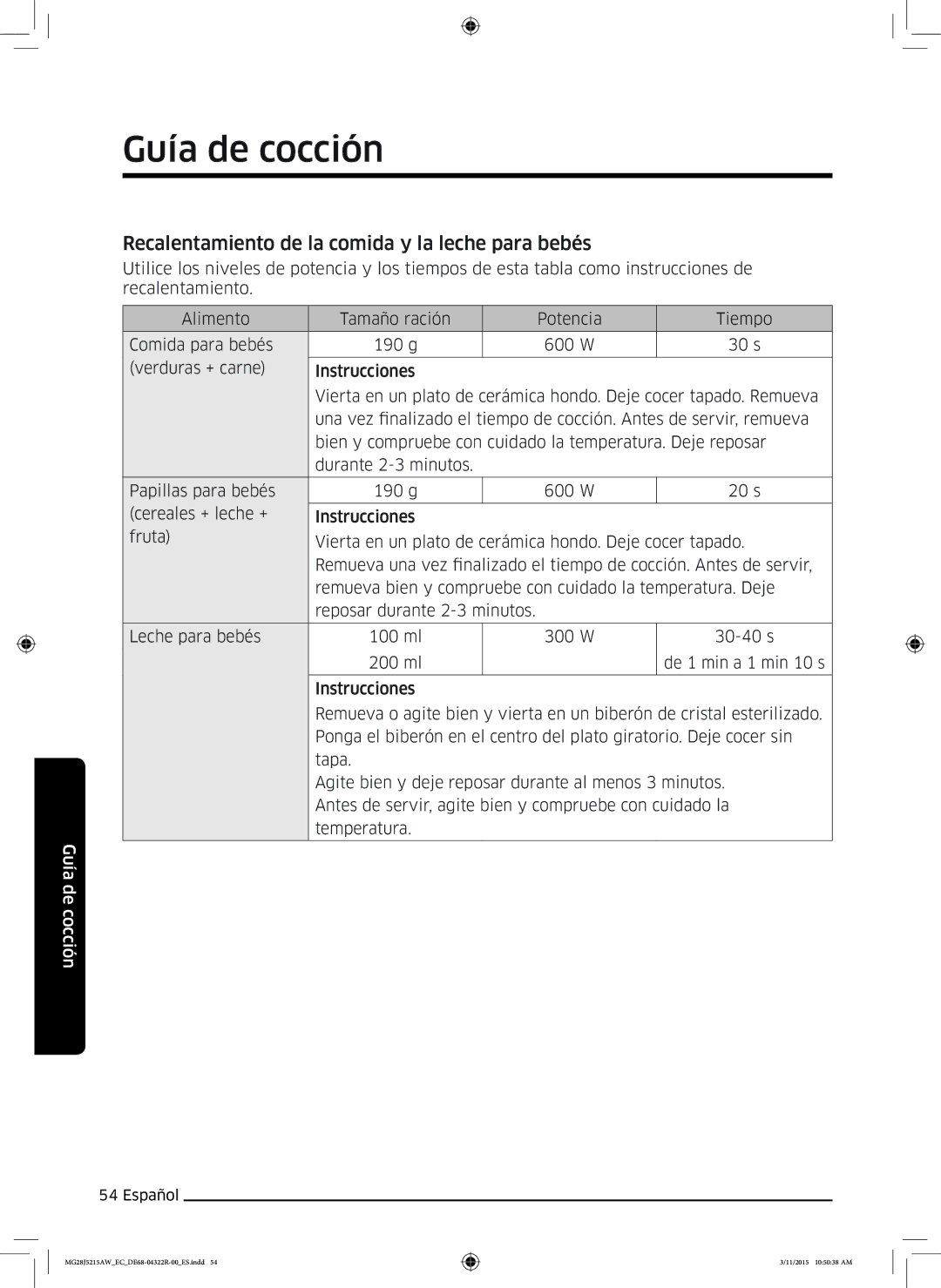 Samsung MG28J5215AB/EC manual Recalentamiento de la comida y la leche para bebés 