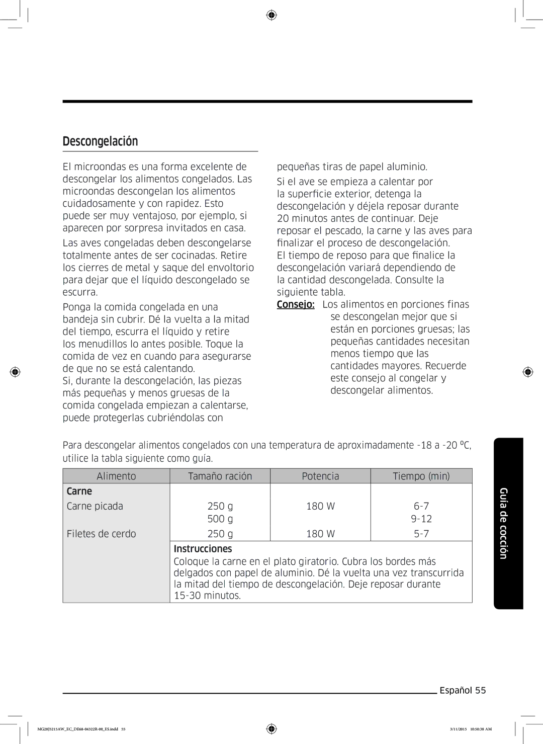 Samsung MG28J5215AB/EC manual Descongelación 