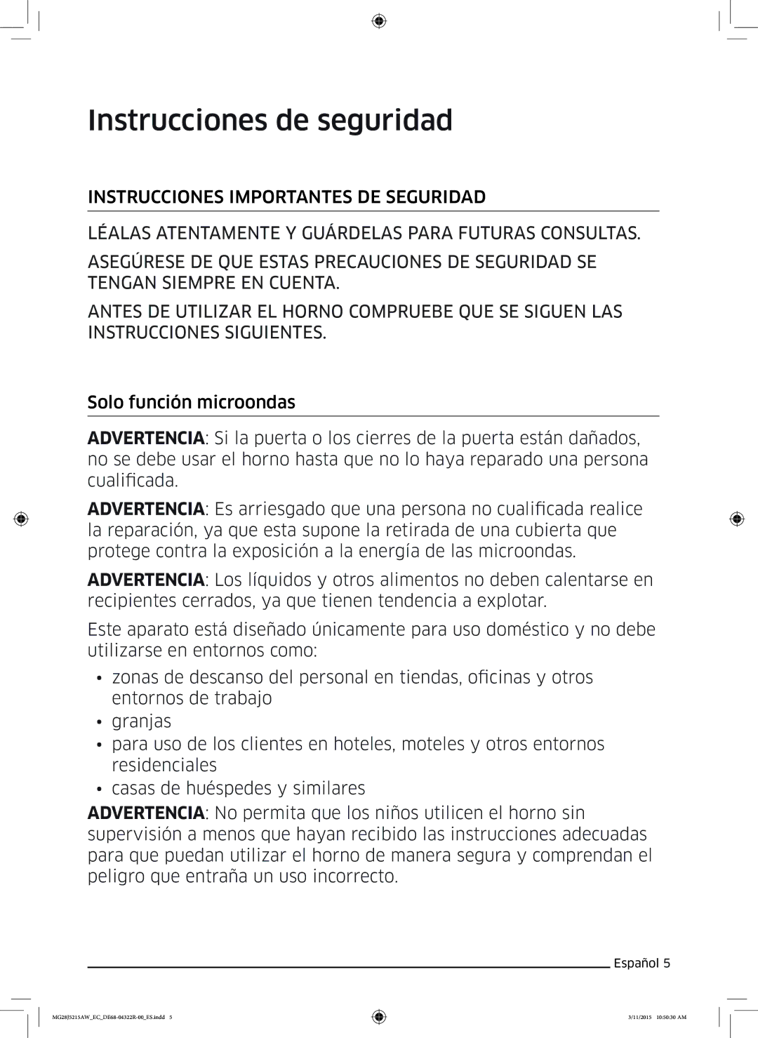 Samsung MG28J5215AB/EC manual Instrucciones de seguridad 