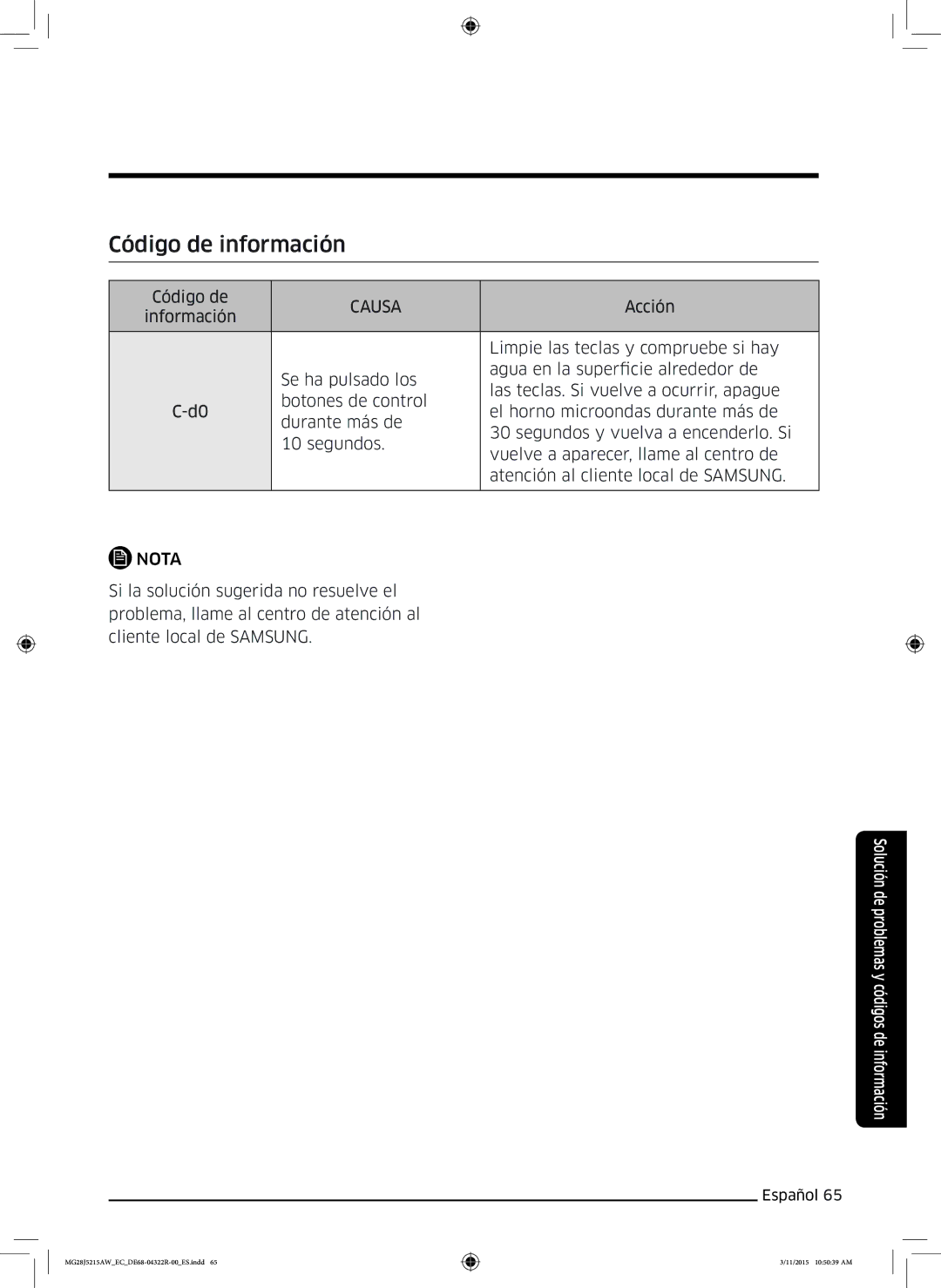 Samsung MG28J5215AB/EC manual Código de información, Causa 